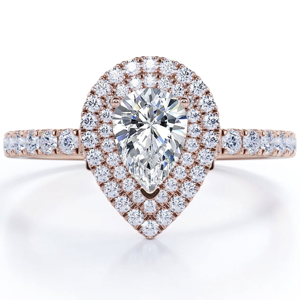 JeenMata Anillo de Compromiso con Doble Halo de Moissanita en Forma de Pera de 1,75 Quilates con Estilo Pavé Certificado en Baño de Oro Rosa de 18 K sobre Plata