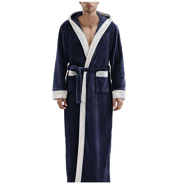 HBFAGFB Men's Bathrobes Fall and Winter Leisure Padded Thickened Long Robe Soft Pajamas Navy Size M