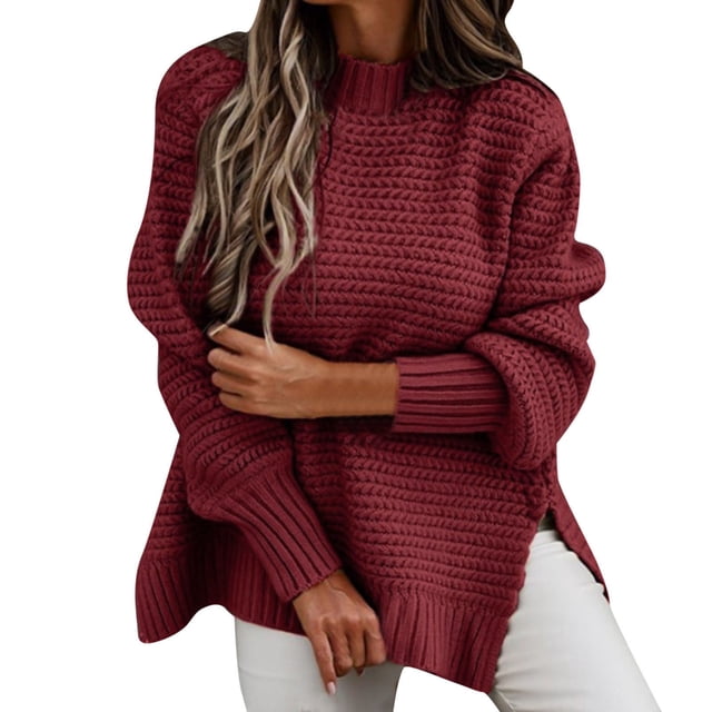 Gibobby Suéter térmico de manga larga de manga larga con cuello para mujer, de punto con abertura lateral de color sólido (Rojo, L)
