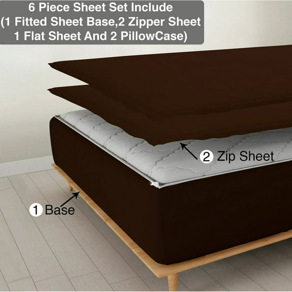 DNG Creations 6 Piece Zipper Sheet Set - Include (1 Fitted Sheet, 2 Base Sheet has Zipper, 1 Flat Sheet And 2 Pillowcase) 26 Inch Deep Pocket ( Solid Chocolate - Twin )