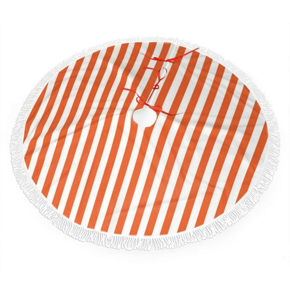 Xmas Tree Skirt Orange And White Striped Tassel Edge Rustic Christmas Tree Skirts for Party Holiday Decorations 30"