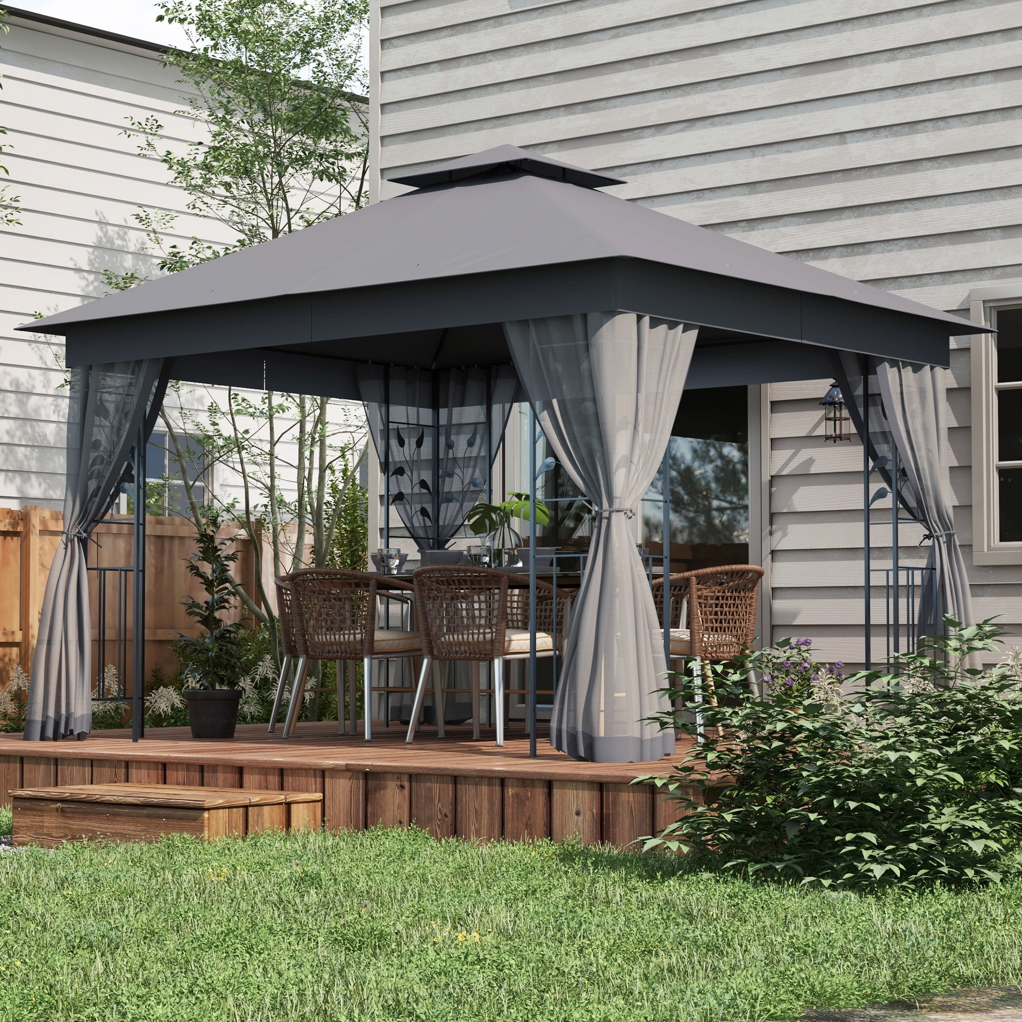 10' x 11.5'&nbsp;Metal Patio Gazebo, Double Roof Outdoor Gazebo Canopy Shelter w/Tree Motifs Corner Frame and Netting, Gray