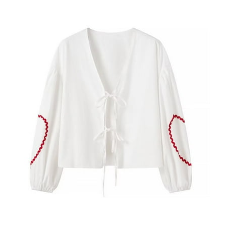 BSDJILFG Y2K White Sweater Cardigans for Women Cropped Sweaters Babydoll Valentines Day Printed Soft Knit Shirts New Trending Open Front Button Down V-Neck Fall Blouses Clearance
