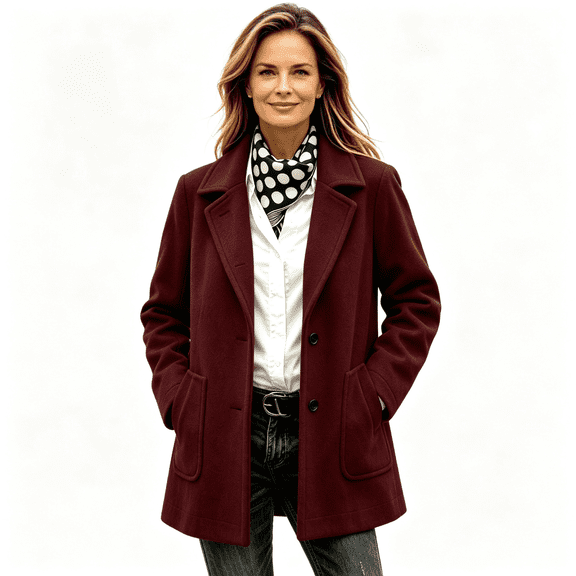 Womens Trench Coat with Pockets Single Breasted Fall Winter Casual Notched Lapel Business Formal Wool Coat Wine S-3XL