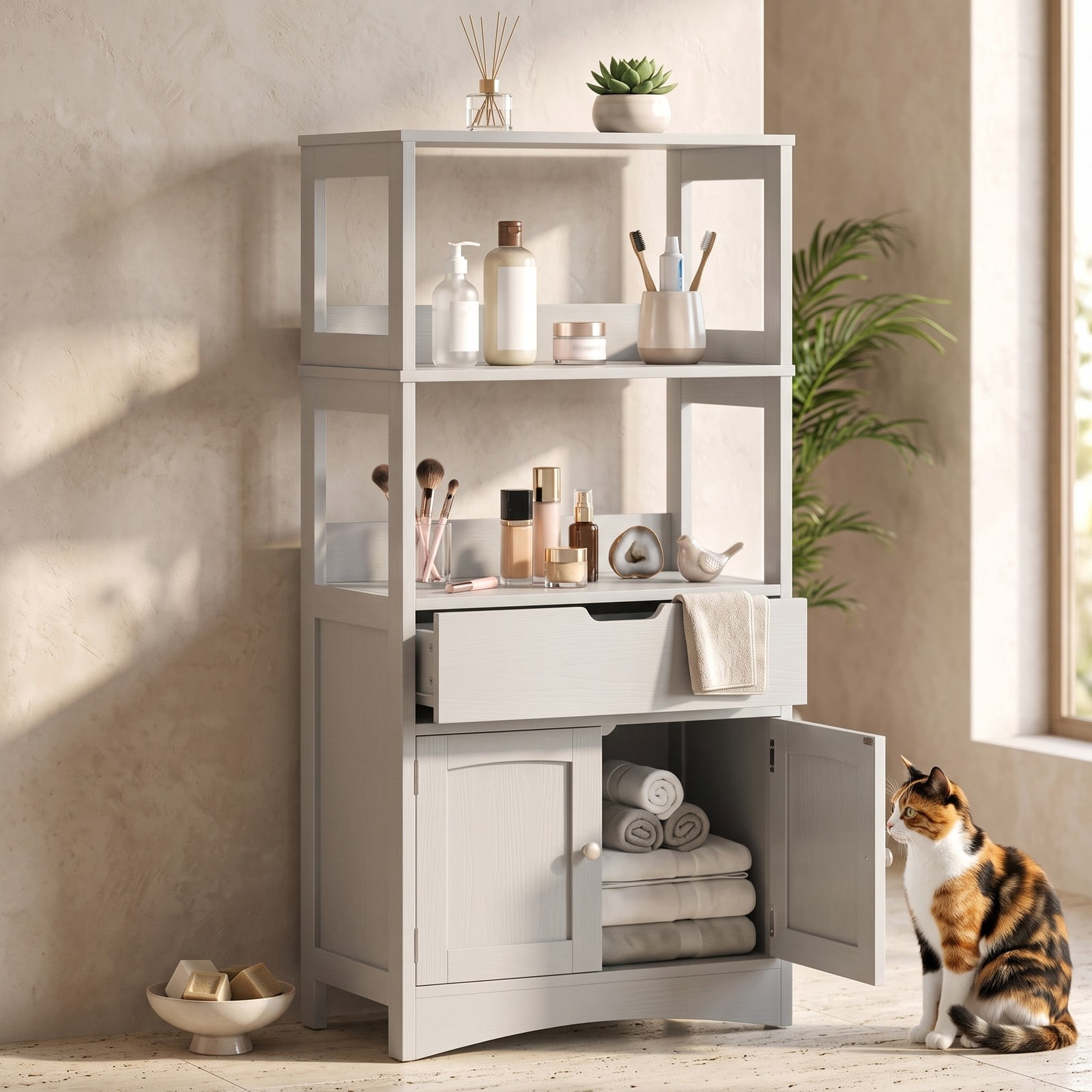 Fenbeli Bathroom Storage Cabinet, Freestanding Floor Cabinet with 3 Open Shelves, Pull-Out Drawer & 2 Doors, Anti-Toppling Wooden Organizer for Bathroom Kitchen, Gray