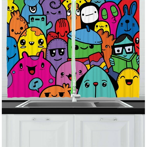 Ambesonne Indie Kitchen Curtains, Colorful Doodle Monsters, 55"x39", Multicolor