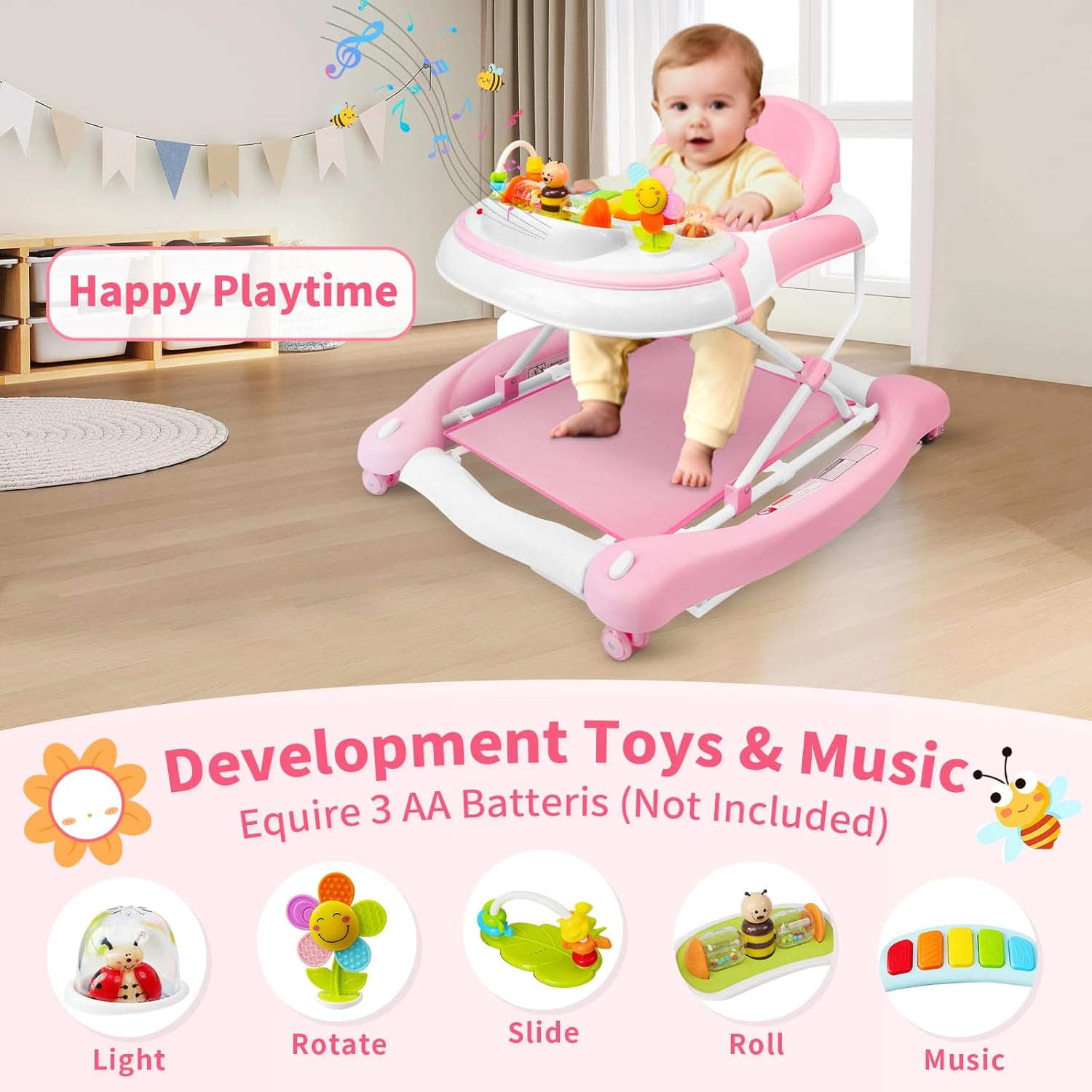 5 in 1 Baby Walker (Walk,Jumper,Rocking,Push,Eating Mode) for Boys Girls,Foldable,Music & Light,Height Adjustable,Wheels for Infant Babies,Pink