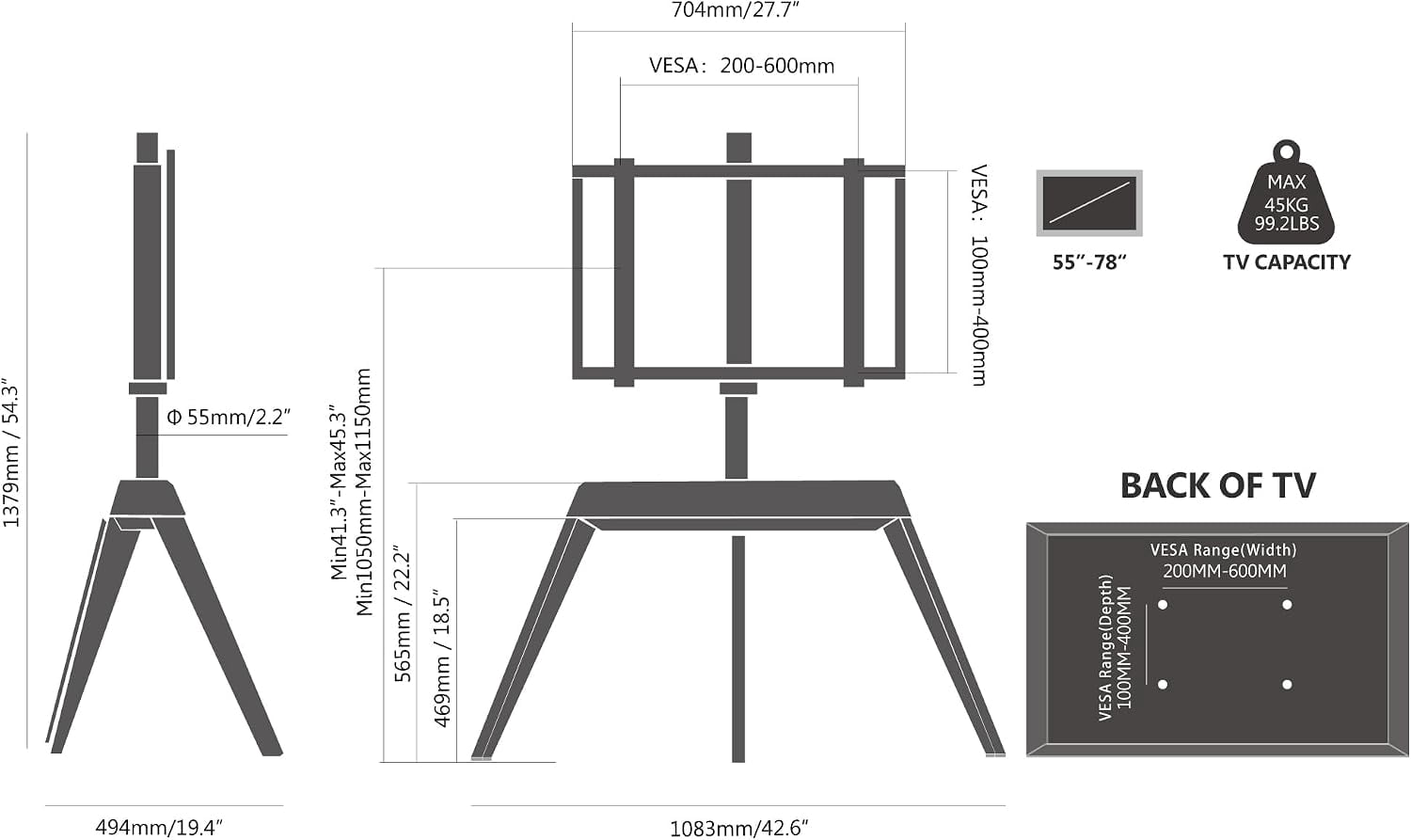 FITUEYES Picasso Series Corner TV Stand for 55–78 Inch TVs, Black & Light Wood, Cable Management