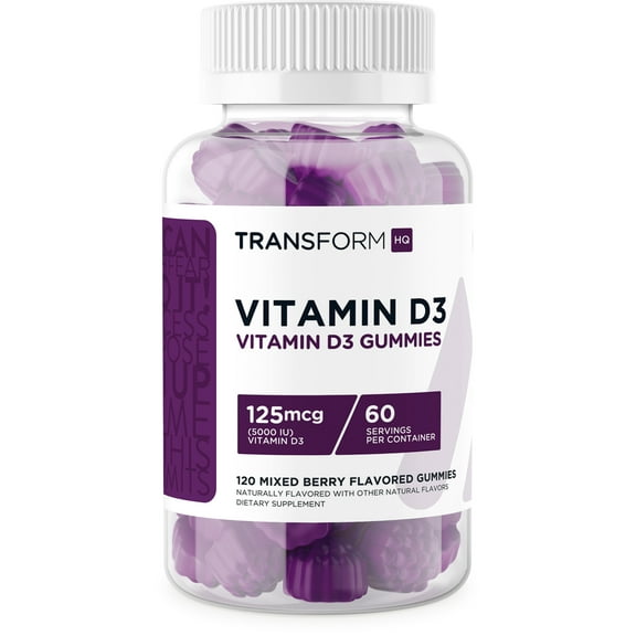 TransformHQ Vitamin D3 Gummies (5000 IU) 120 Count, Mixed Berry - Supplement for Adults, 60 Servings