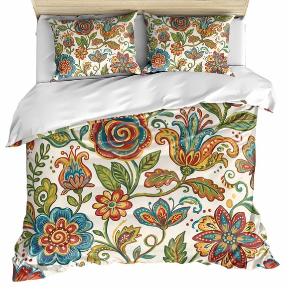 Paisley Boho Floral Bedding 3 Piece Duvet Cover Set Queen Size, Vintage Flowers Botanical Soft Microfiber Comforter Cover with Zipper Closure & Pillowcases, Wrinkle & FadeResistant Quilt Cover