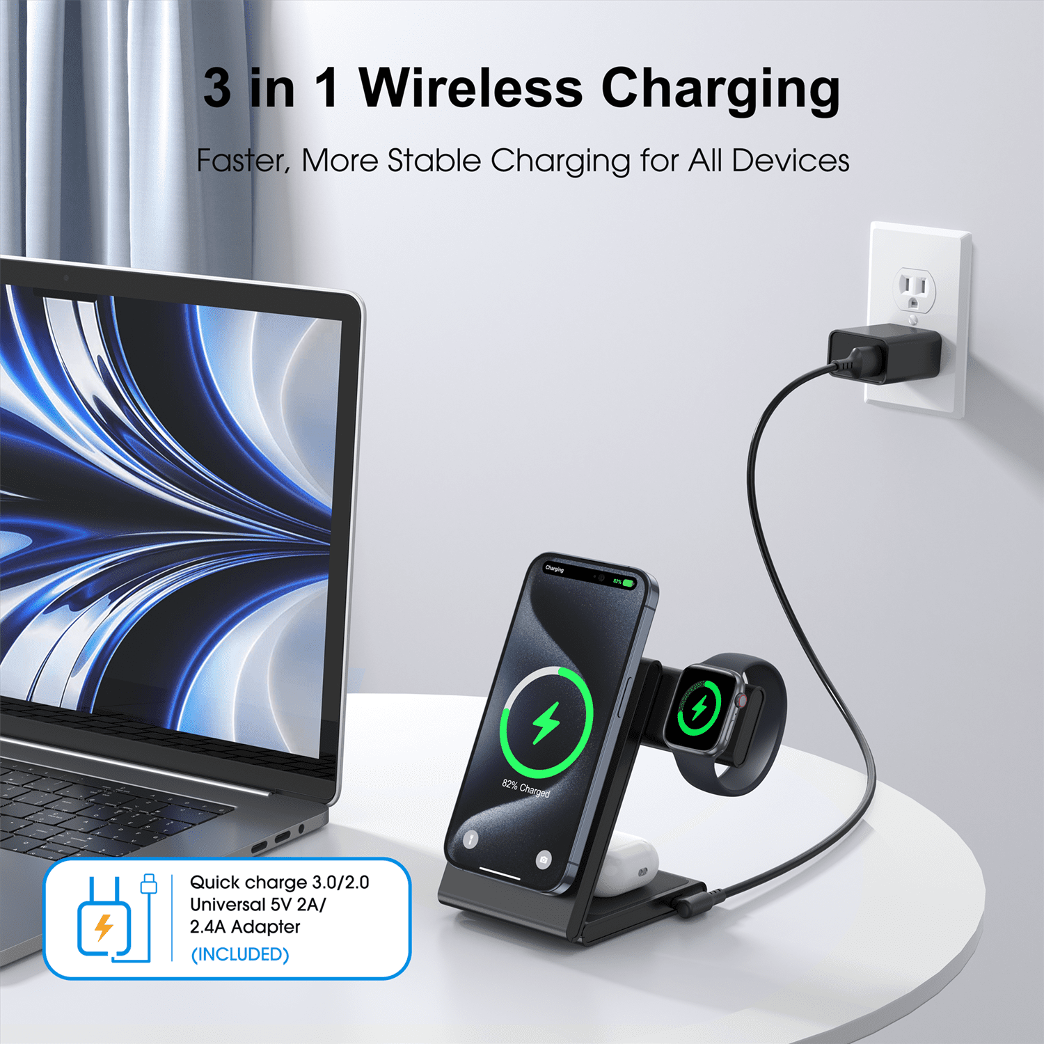 TAOHAI 3-in-1 Wireless Charging Station, 20W Fast Charger for iPhone 16/15/14/13/12, Apple Watch & AirPods (Black)