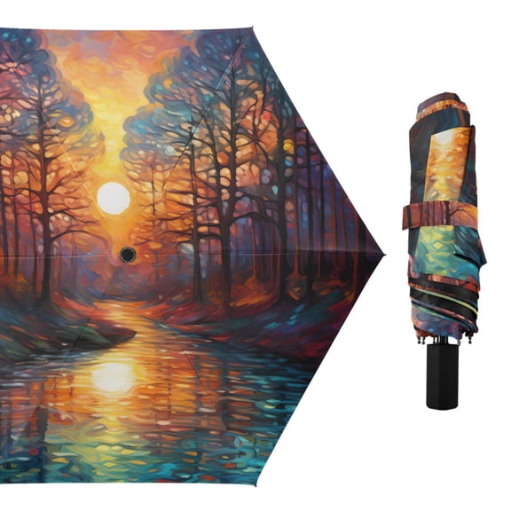 Forest River Sunset Compact Sun Umbrella Windproof Travel Umbrellas for Rain Strong Portable UV Protection