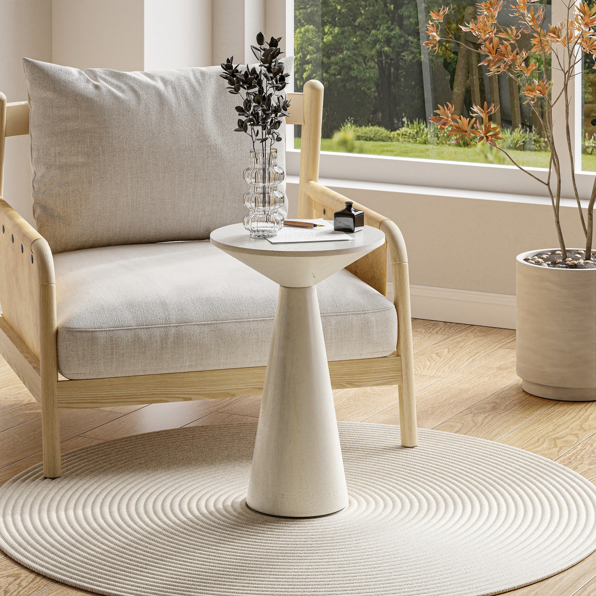 COZAYH Farmhouse Pedestal Small End Table Round Martini Table Wood Plant Stand Rustic Drink Table for Small Space Living Room, Bedroom, White