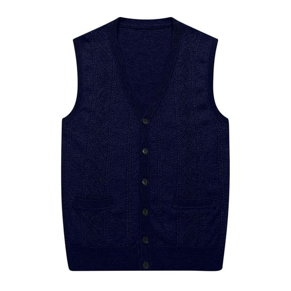 YLSDY Men's Cable Knit V-Neck Sweater Vest Button Down Sleeveless Knitwear with Pockets Navy M