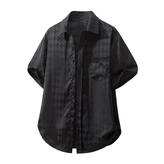 Mens Short Sleeve Button Down Shirts Jacquard Argyle Textured Summer Casual Tropical Beach Top, Fashion Loose Fit Lightweight Breathable Vacation Travel Tops with Chest Pocket