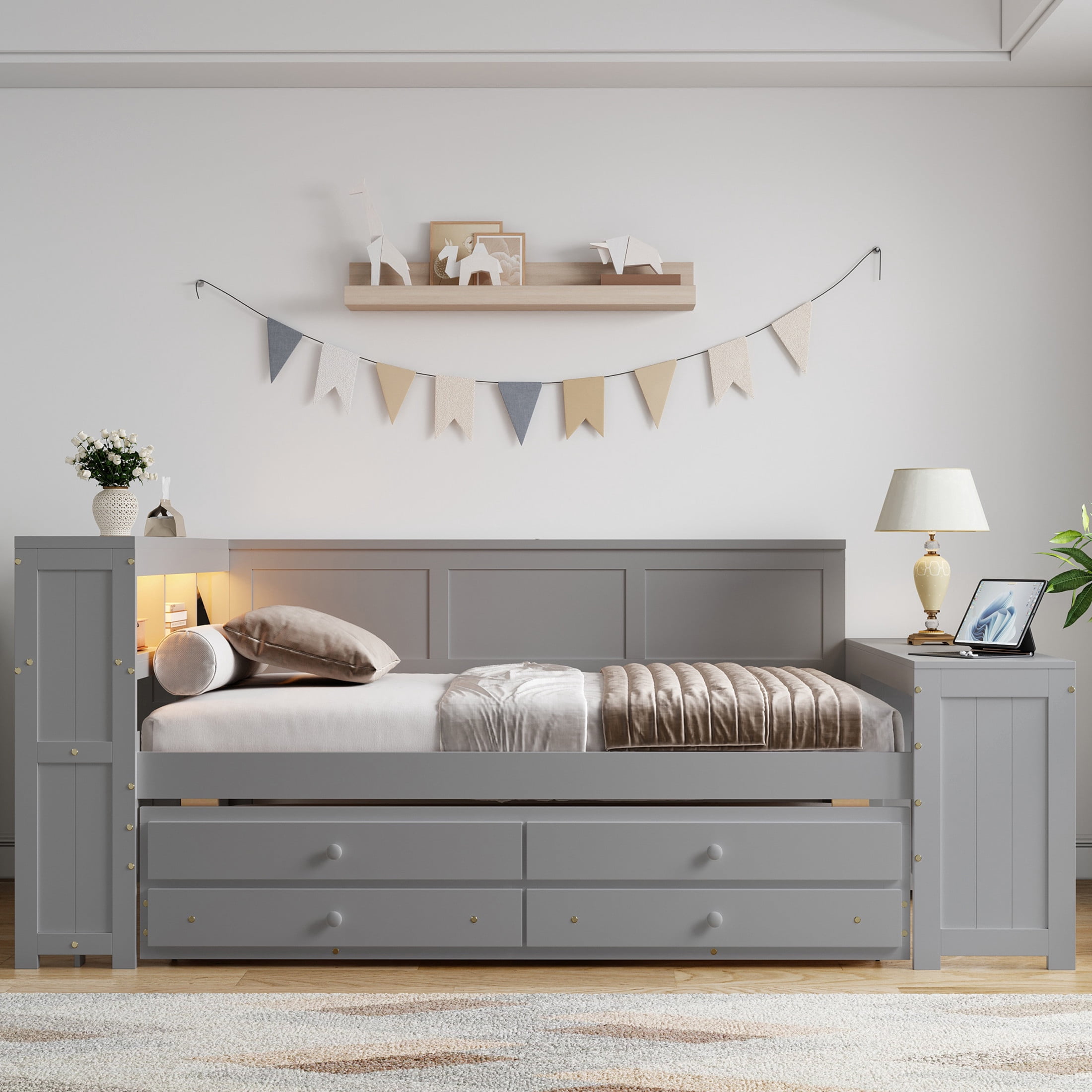 Noble House Maud Full Daybed with Trundle, Storage Shelves, Drawers, Charging Station, LED Light, Built-in Desk, Gray