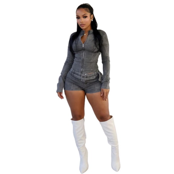 LYMAYTER Women's Denim Coord Set for S-2XL Long Sleeve Jean Stretch Jacket & Distressed Shorts Combo