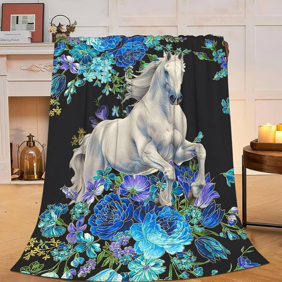 Horse Blanket White Horse Fleece Throw Blanket Fuzzy Plush Super Soft Cozy Warm Horse Decor Animal Bedding Blanket Gifts for Boys Girls Kids Adult Men Women Horse