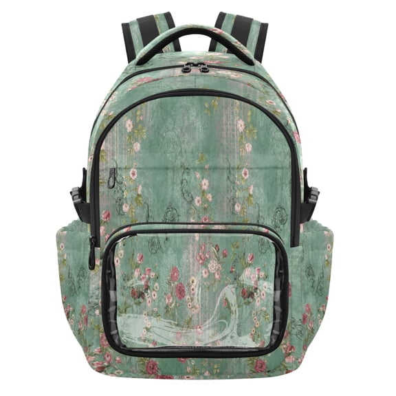 Qxltty Vintage Vine Backpack School Bookbag with Clear PVC Front Pocket, Laptop Compartment, Water Resistant Travel Daypack for Students