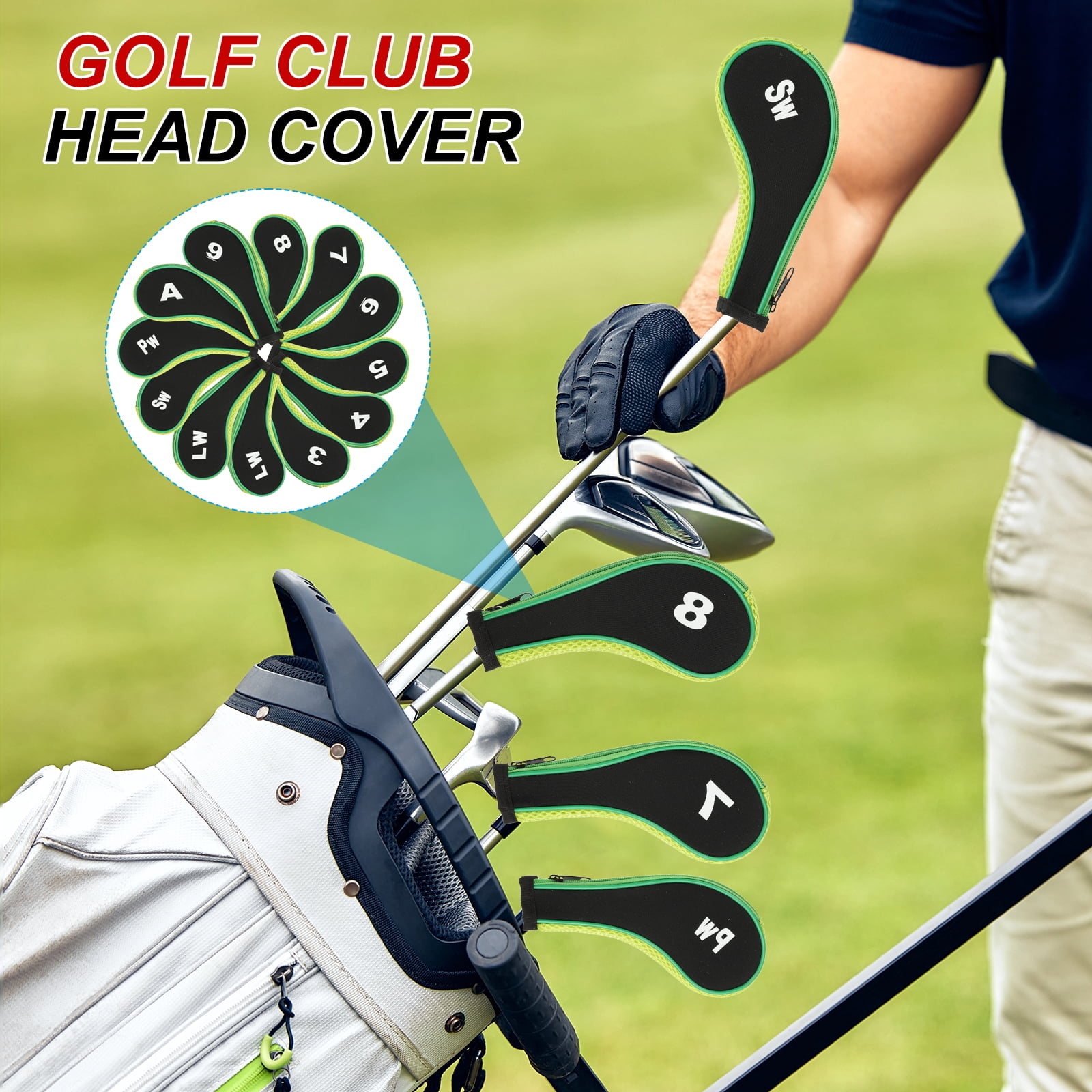 Golf Club Head Cover, 12 Pcs Neoprene Driver Headcover Golf Lovers Gifts for Men Women Black/Green