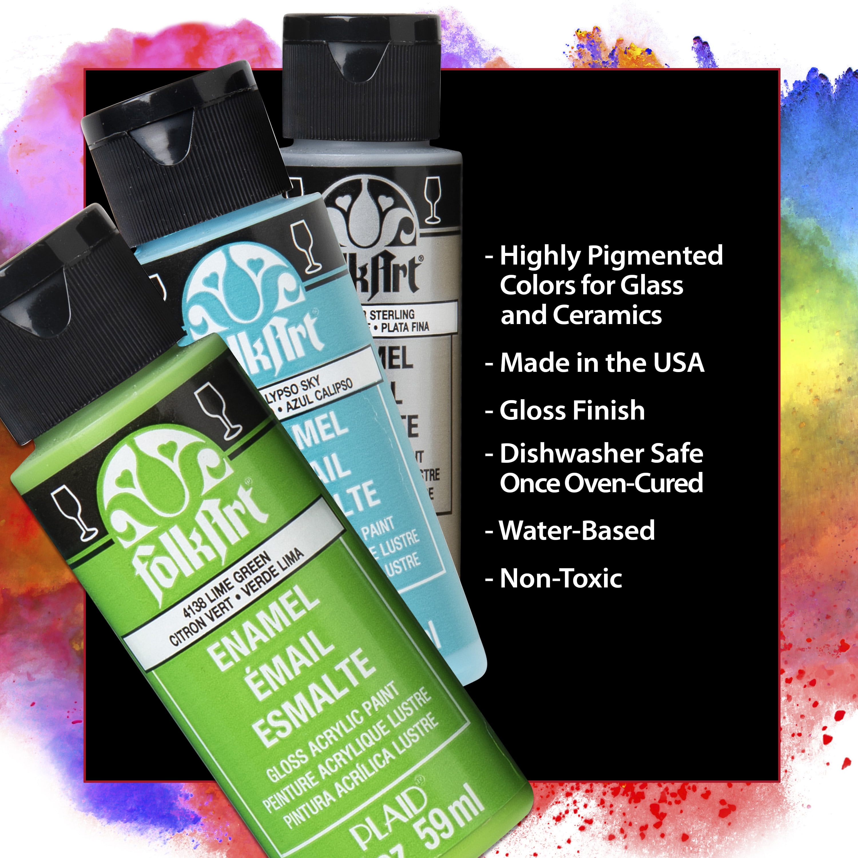 FolkArt Enamel Glass Acrylic Craft Paint Set, Gloss Finish, Multicolor, Set of 16, 2 fl oz