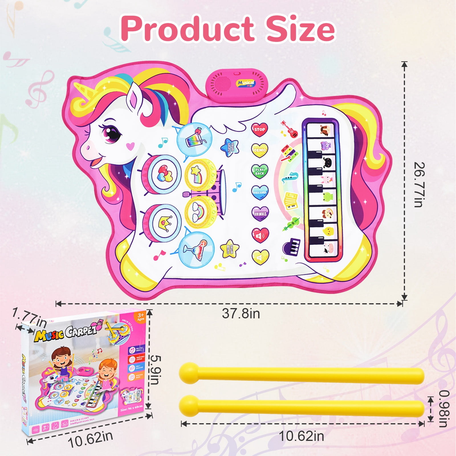 Yiomxhi 3-in-1 Unicorn Musical Mat, Piano Drum Play Mat Unicorn Gifts for 1 2 3 Year Old Girls, Sensory Early Educational Musical Learning Toys for Baby Boys, Birthday Gift for Toddlers 1-5 Years Old
