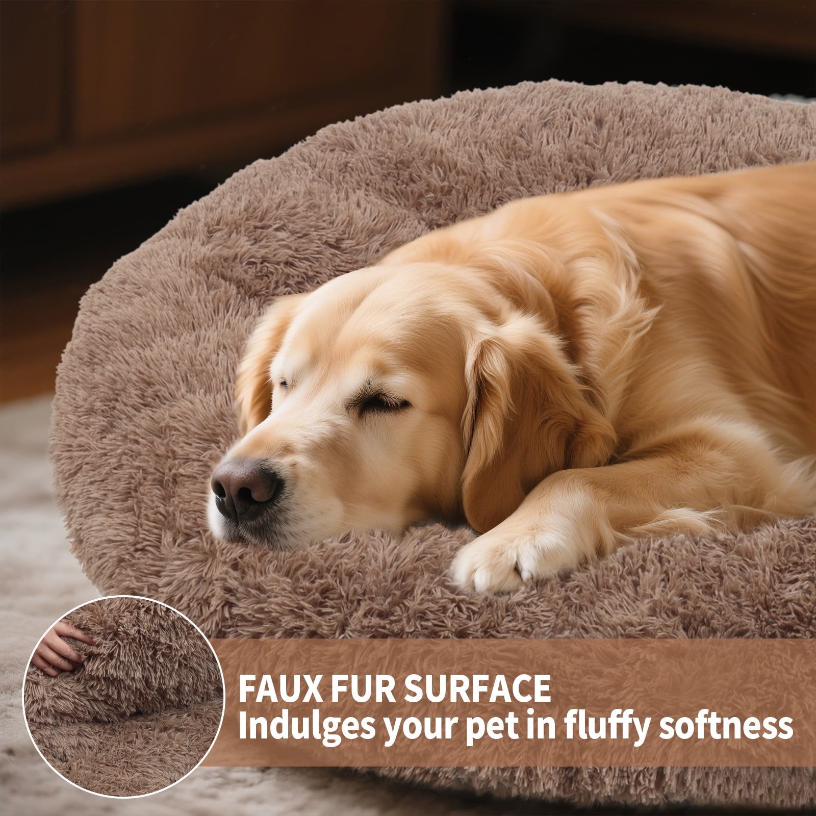 Katieovy Dog Bed for Large Dogs,Fluffy Calming Donut Dog Beds,40 inch Washable Plush Round Dog Mat with Non-Slip Bottom,Khaki