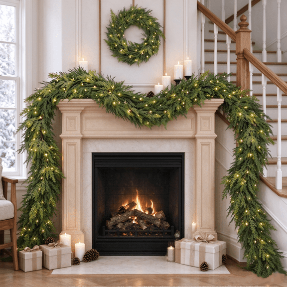 TWGRNF 6ft Norfolk Pine Christmas Garland with Warm White LED Lights, Artificial Green Evergreen Mantel Table Runner Holiday Decor for Fireplace Stair Railing Window Indoor Xmas Decoration