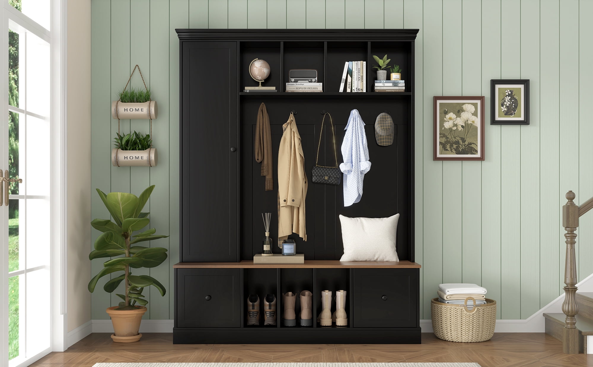 Mintazer Farmhouse Hall Tree with Bench and Shoe Storage, Adjustable Shelf Cabinet with Coat Rack, Hooks & Drawers for Hallway, Entryway, Black