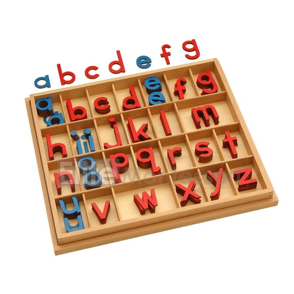Alfabeto móvil de madera Elite Montessori con caja, materiales de aprendizaje de ortografía preescolar (rojo y azul, 5 mm de grosor)