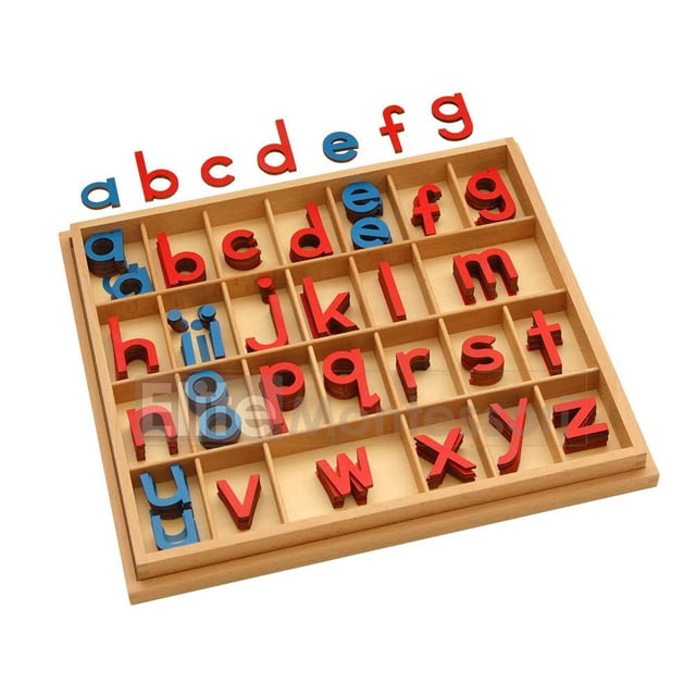 Alfabeto móvil de madera Elite Montessori con caja, materiales de aprendizaje de ortografía preescolar (rojo y azul, 5 mm de grosor)