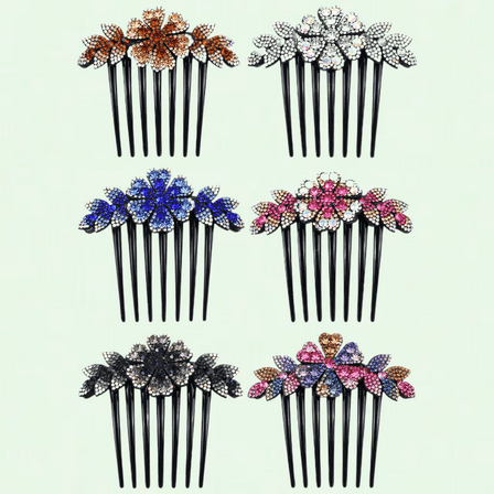 6 Pack Glitter Flower Rhinestone Black Side Plastic Hair Combs