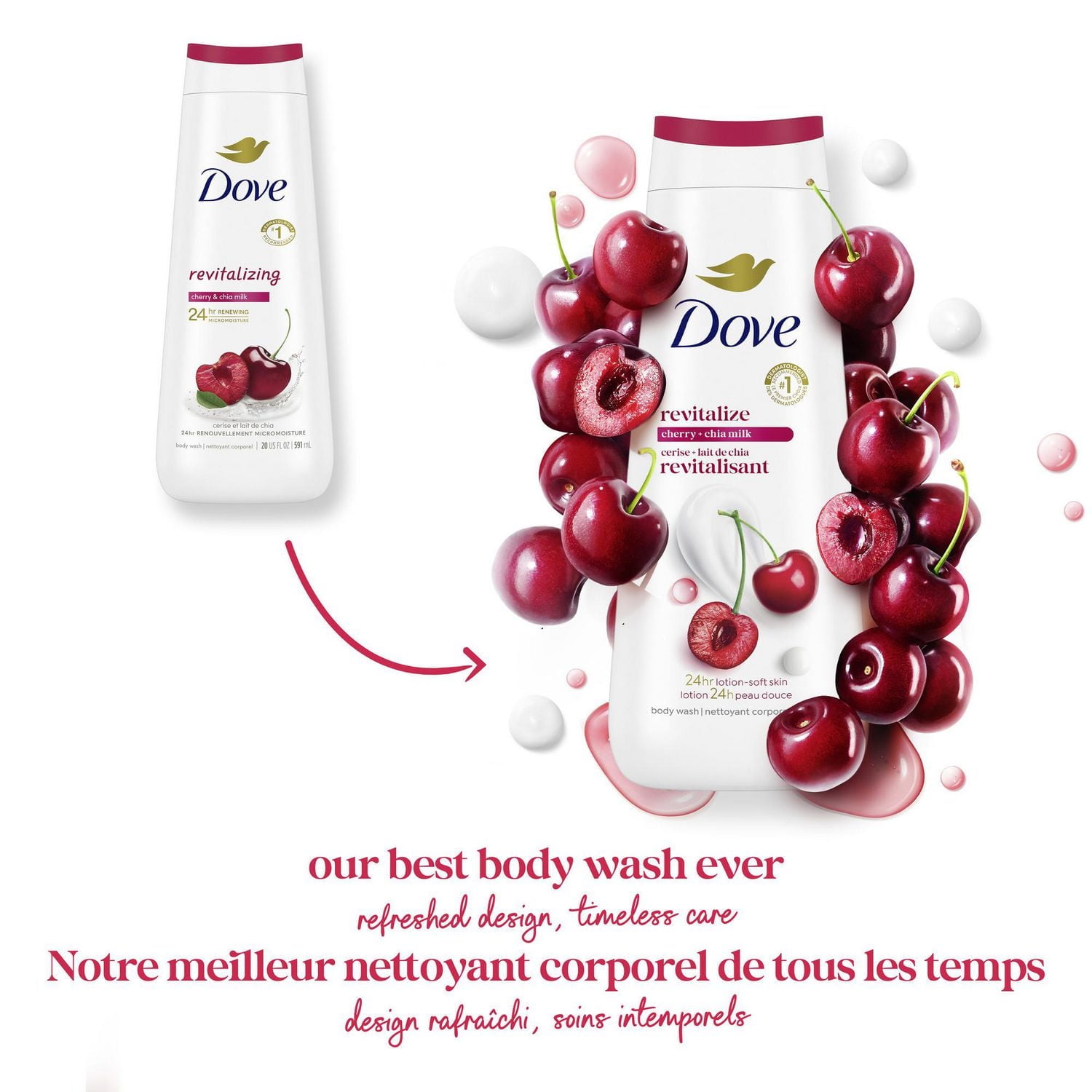 Dove Nettoyant Corporel Pour une Peau Douce et Hydratée Pendant 24h Revitalisant Cerise et Lait de Chia - Sans Sulfates Sans Parabènes 591 ml 591ml
