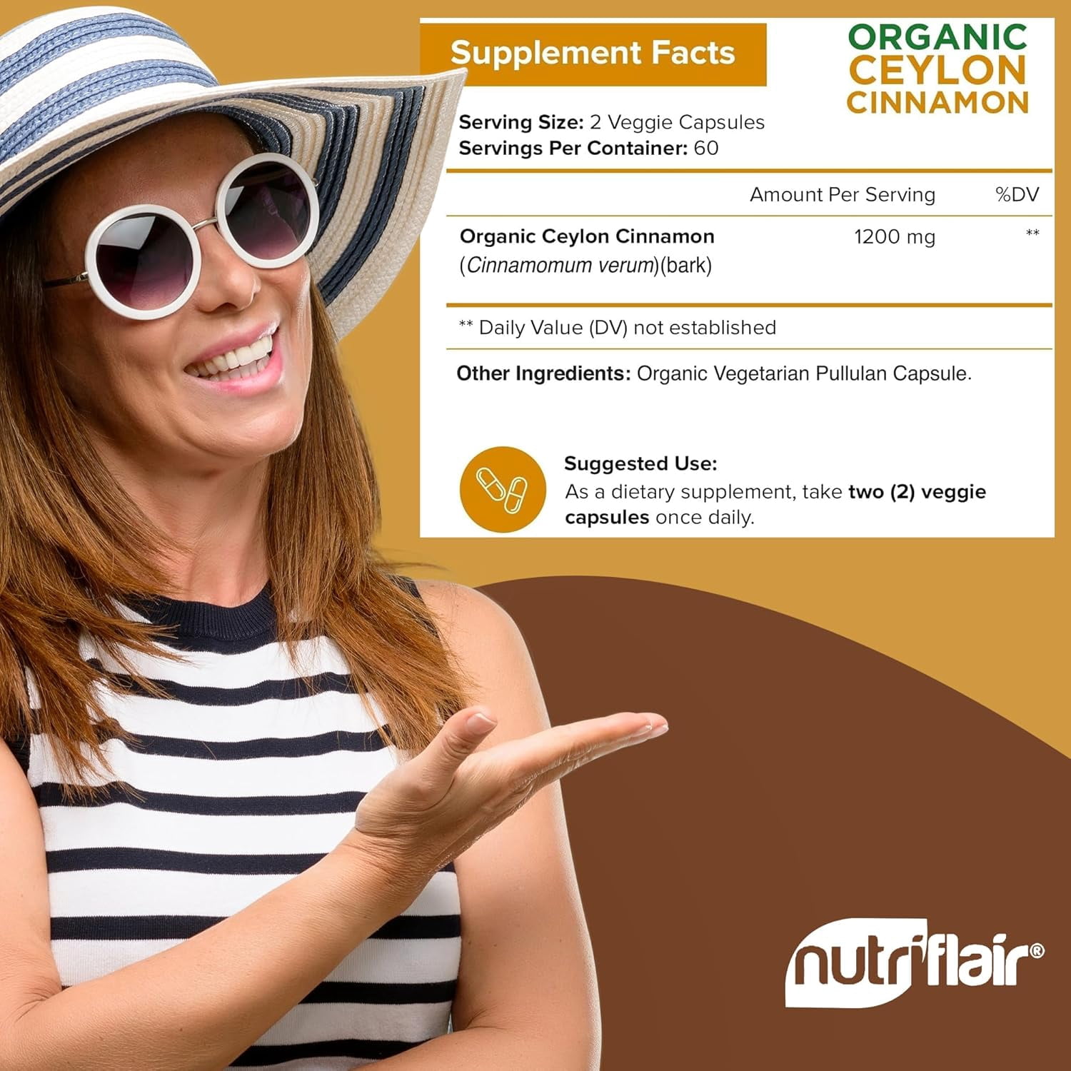 NutriFlair Organic Ceylon Cinnamon 1200mg per Serving Dietary Supplement, 120 Capsules