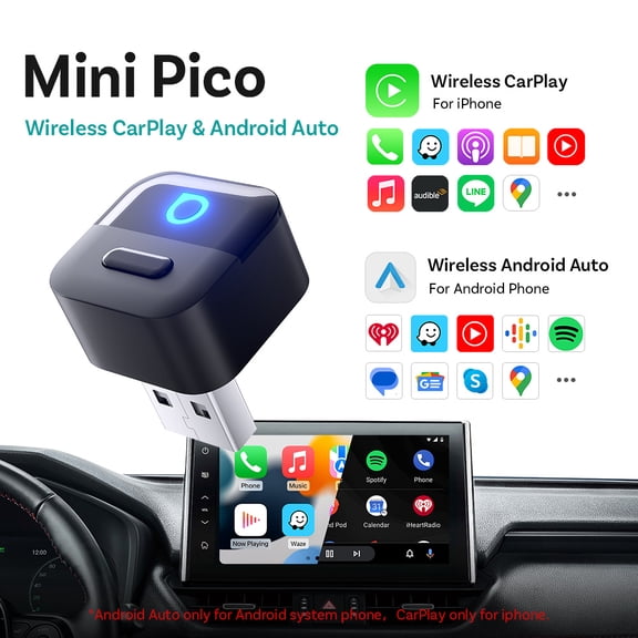 Ottocast Mini Pico Wireless CarPlay Adapter & Android Auto, 2-in-1 Car Dongle with Plug & Play and One-Click Button