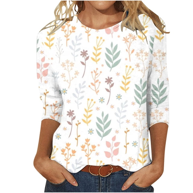 HKEJIAOI Blouse pour Femmes Manches 3/4 Imprimé Floral Col Rond TG Hauts d'Été