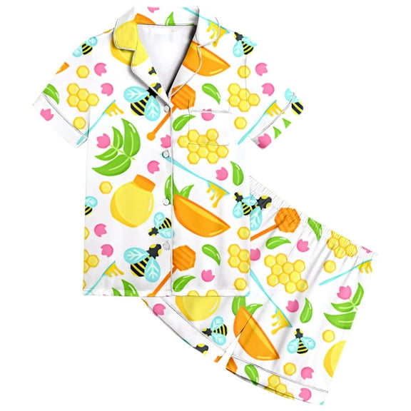 Kids Pajamas Set Silk Satin Flower Print 2 Piece Short Sleeve Button-Down Top Shorts Set Toddler Summer Pajamas Toddler Pjs 4-5 Years