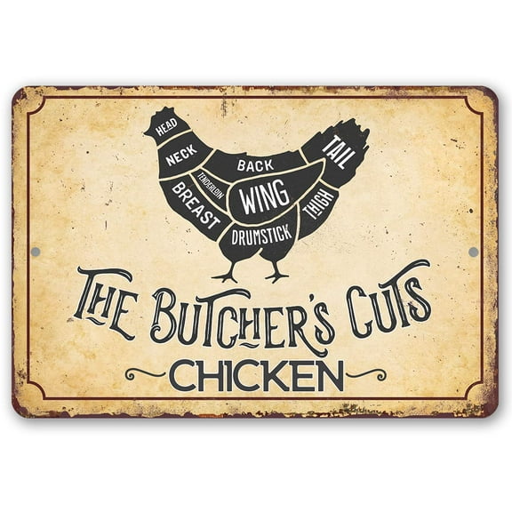Chicken Coop Sign - The Butcher's Cut CHICKEN - Durable Metal Sign - Use Indoor/Outdoor - Makes Great Meat Shop and Kitchen Decor Under $20 (8" x 12")