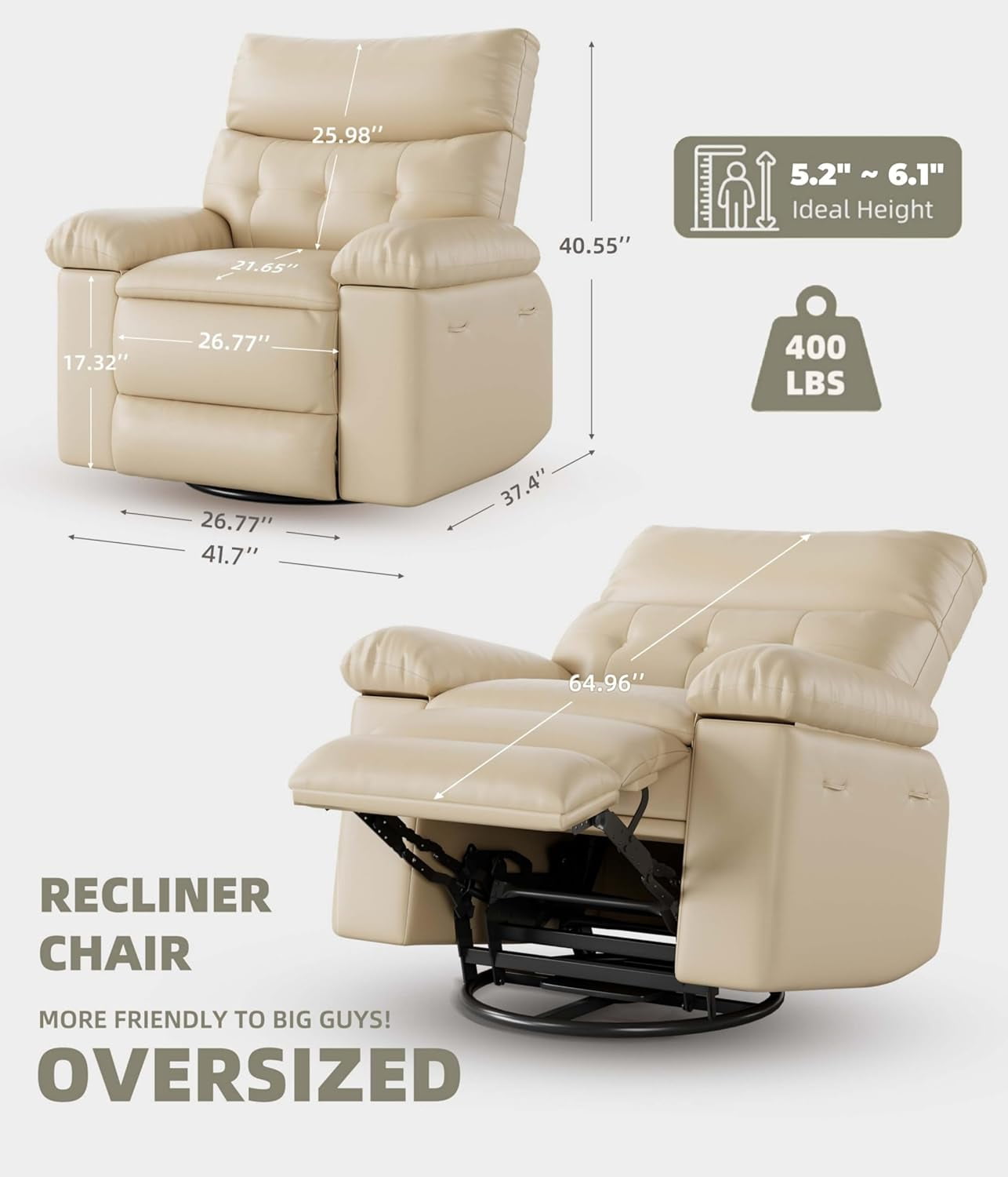 Oversized Extra Wide Recliner Chair - Faux PU Leather Large Manual Recliner for Adults, Exceptional Comfort Lazy Chair with 1.5X Sponge Filling and Easy Recline Mechanism for Relaxation
