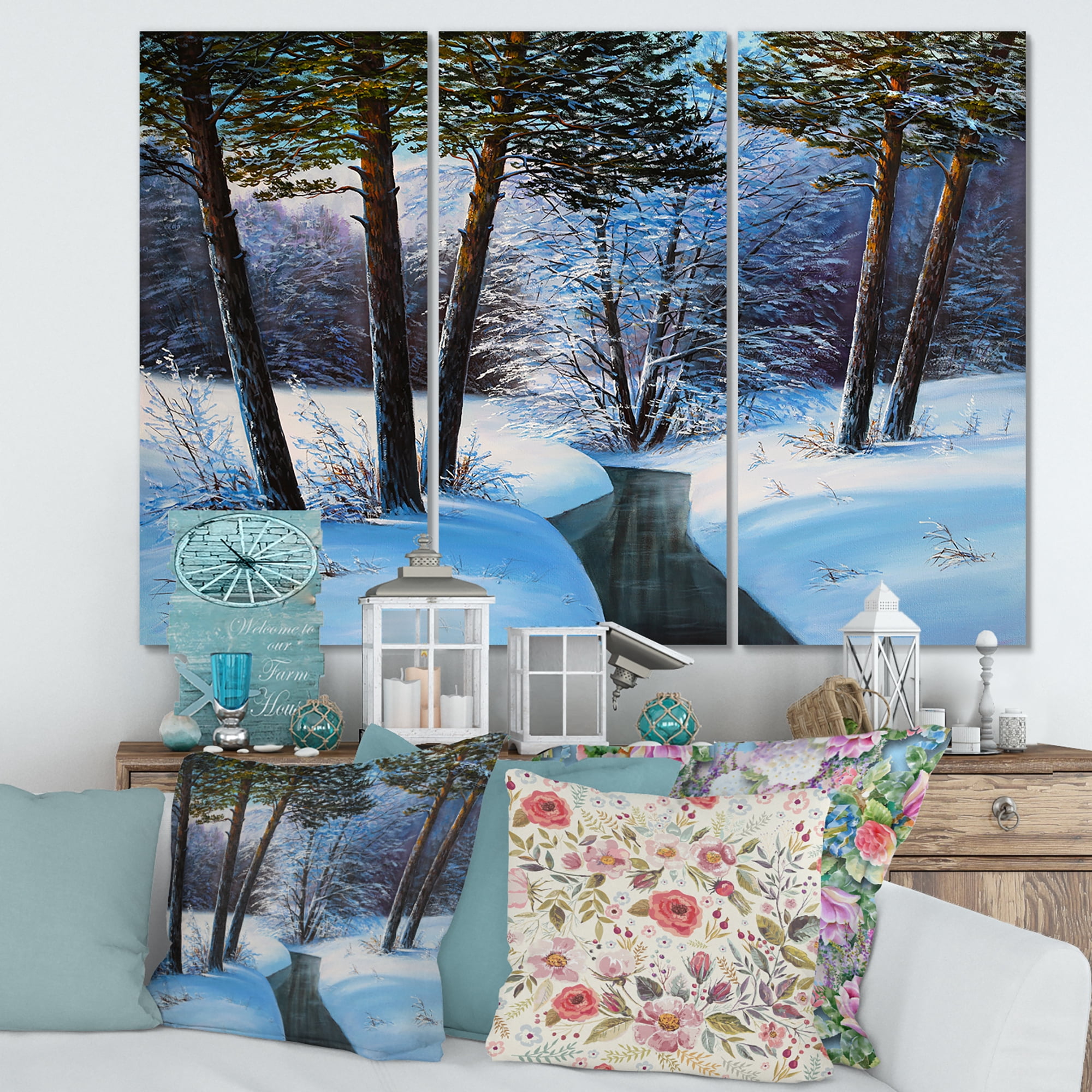 Designart ' Christmas Forest With Trees and River III ' Traditional Canvas Wall Art Print