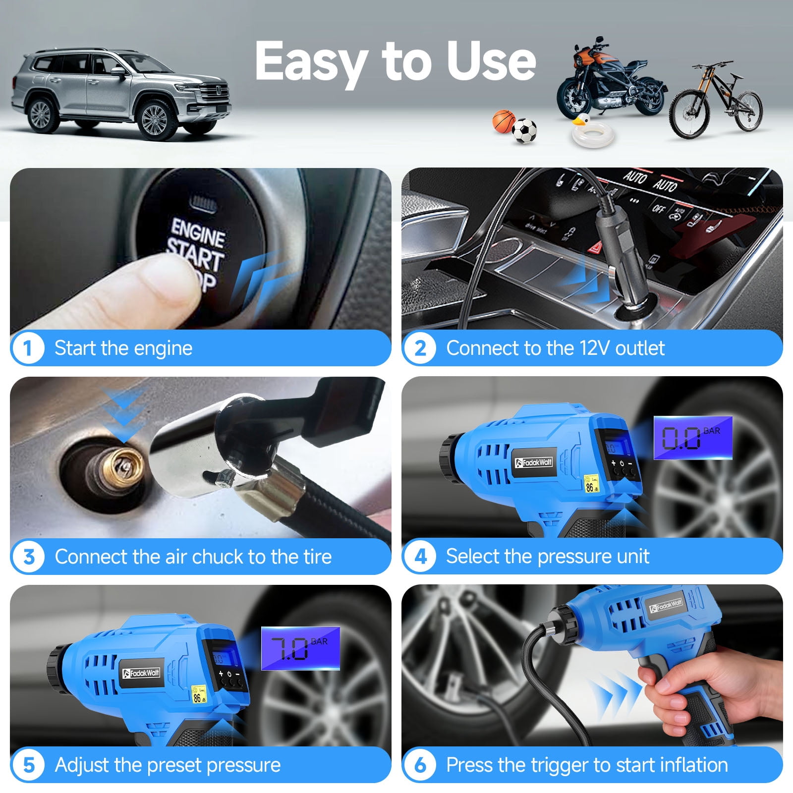 FADAKWALT Tire Inflator Portable Air Compressor, 20V Cordless Car Tire Pump, 160PSI Handheld Electric Air Pump with Rechargeable Battery, Auto Shutoff & Digital Gauge for Cars & Motorcycles(blue)