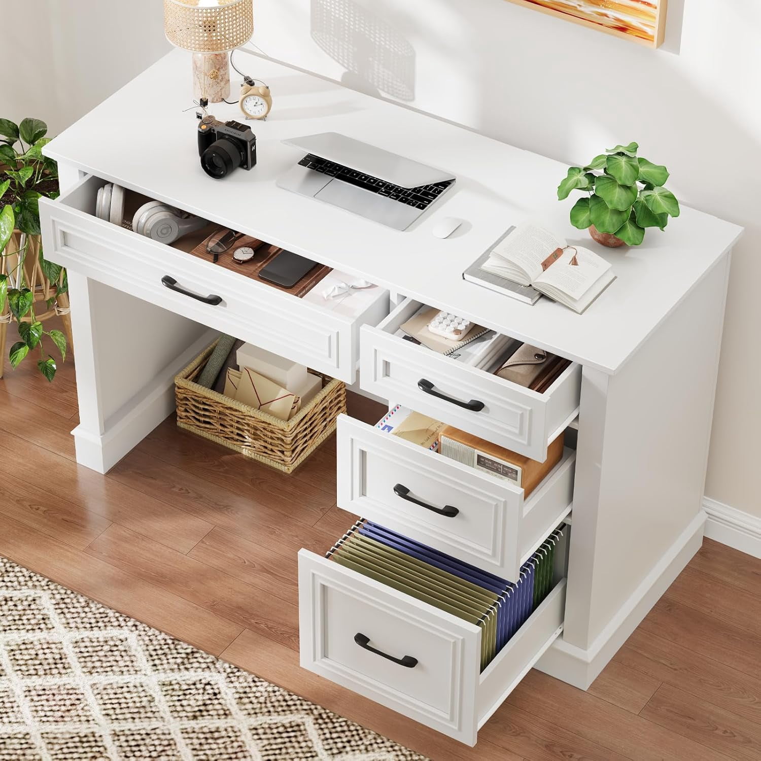 Farmhouse 47" Executive Desk with File Drawer, Computer Desk with 4 Drawers, Workstation for Study, Home Office, Writing, Cream White.