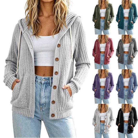 Cekizud Hoodies for Women Button Down Ribbed Knit Drawstring Hood Long Sleeve Cardigans with Pockets, Sizes S-2XL