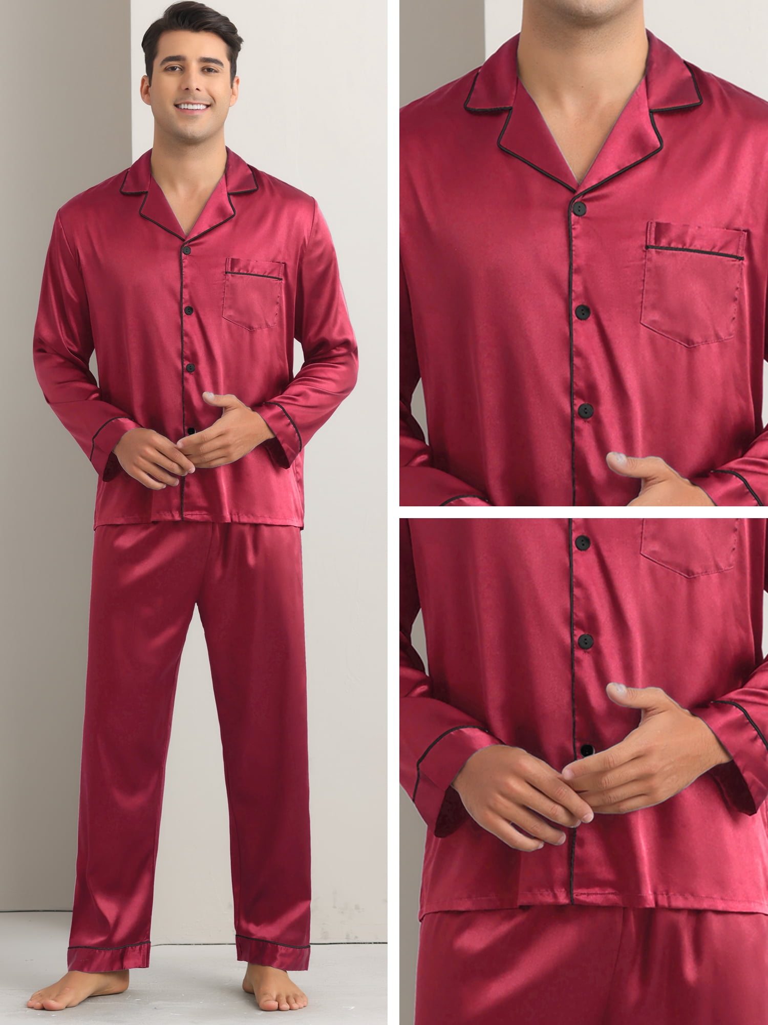 DARING DIVA Men's 2-Piece Homewear Button Down Long Sleeve Shirt L Burgundy