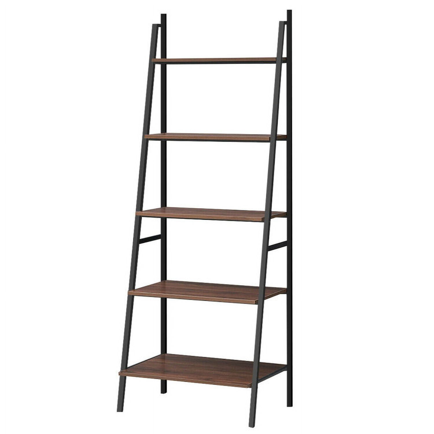 Demi Bonn 5 Tier Leaning Bookshelf, Wood and Metal Bookcase, Free Standing Ladder Shelf, Brown