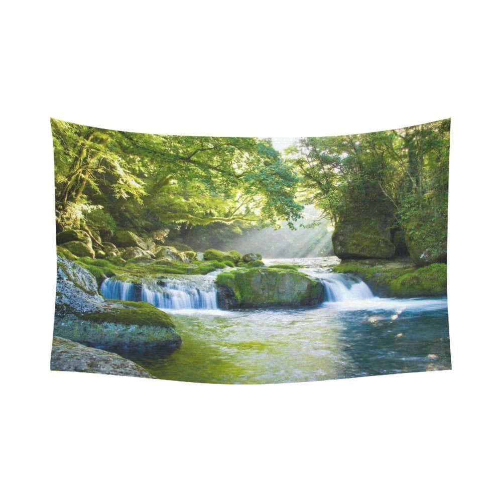 GCKG Green Tree River Stone Waterfall Tapestry Wall Hanging Beautiful ...