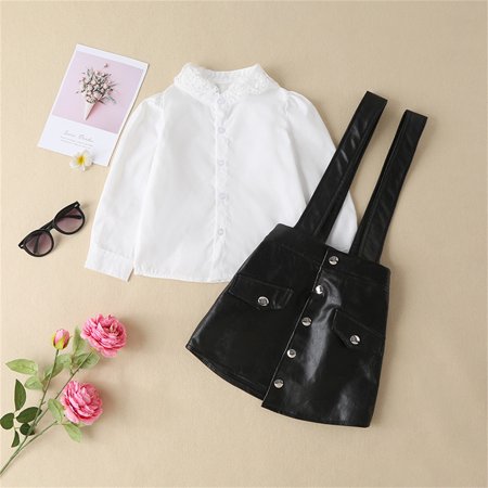 

ZMHEGW Toddler Fall Outfits Kids Baby Girls Autumn Winter Cotton Long Sleeve Shirt Leather Suspender Dress Set Clothes Outfits Set