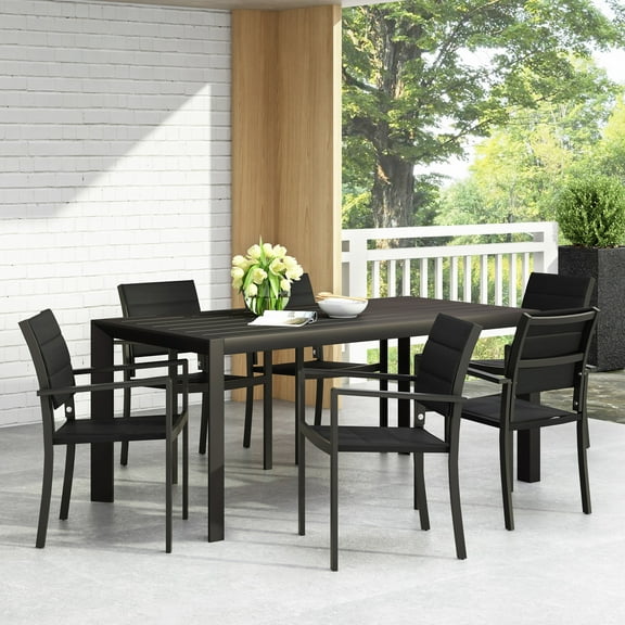Combes Mesh and Aluminum Outdoor 7 Piece Dining Set, Black