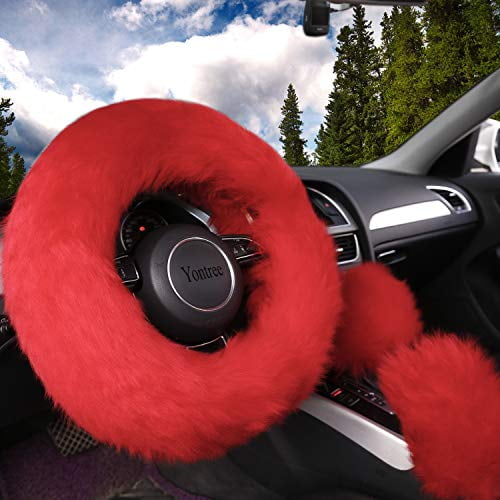 Yontree Steering Wheel Cover with Handbrake Cover Gear Shift Cover Winter Warm Faux Wool 14.96x 14.96 1 Set 3 Pcs Gray 