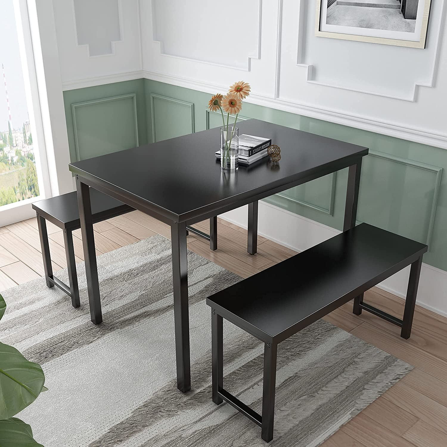AWQM Dining Table Set with Two Benches, Kitchen Table Set for 46
